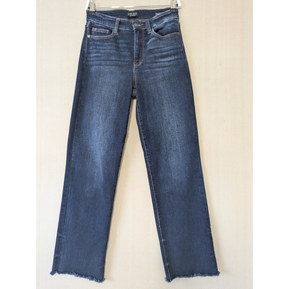Judy Blue Straight Fit Jeans Womens 5/27 Dark Wash Raw Hem High Rise Stretch
